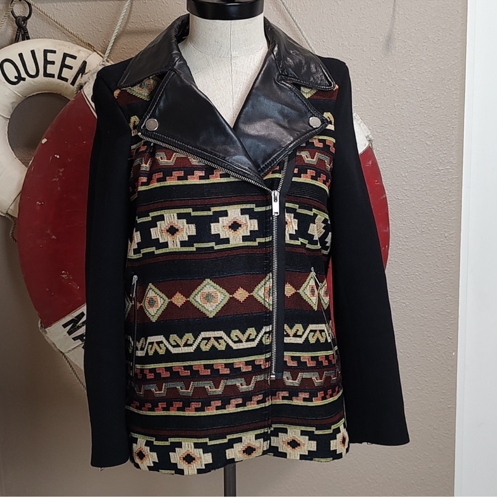 NWOT Zara Embroidered Aztec Tribal Moto Leather Trim Jacquard Jacket Size Medium - Picture 13 of 16